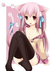 Rule 34 | 1girl, agekichi (heart shape), animal ears, bad id, bad pixiv id, black thighhighs, blush, borrowed character, breasts, brown eyes, cat ears, cat tail, hair ribbon, looking at viewer, off shoulder, open mouth, original, pink hair, ribbon, shia flatpaddy, sitting, small breasts, solo, tail, tail ornament, tail ribbon, thighhighs
