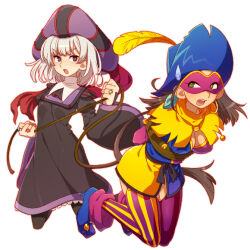 2girls black_dress blue_hat bound breasts capelet claude_frollo cleavage clopin dress earrings full_body genderswap genderswap_(mtf) green_eyes grey_hair hat hat_feather hoop_earrings jewelry kiri_futoshi large_breasts multiple_girls open_mouth pants pointy_footwear purple_pants single_earring striped_hat sweatdrop the_hunchback_of_notre_dame tied_up_(nonsexual) yellow_capelet