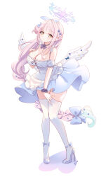 Rule 34 | 1girl, absurdres, angel wings, ash (cat7evy), blue archive, blush, breasts, cleavage, closed mouth, dress, feathered wings, full body, hair bun, halo, high heels, highres, large breasts, long hair, looking at viewer, mika (blue archive), pink hair, pink halo, purple scrunchie, scrunchie, short sleeves, simple background, single side bun, solo, thighhighs, white background, white dress, white footwear, white thighhighs, white wings, wings, wrist scrunchie, yellow eyes