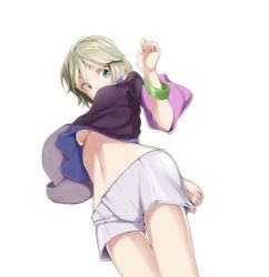 Rule 34 | 1girl, anastasia (idolmaster), black shirt, blue eyes, bracelet, breasts, dutch angle, from below, idolmaster, idolmaster cinderella girls, jewelry, kinpun (fgxdw447), medium breasts, midriff, navel, shirt, short hair, short shorts, shorts, shorts tug, silver hair, simple background, solo, standing, stomach, thigh gap, underboob, white background, white shorts