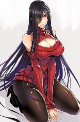 Rule 34 | 1girl, bare shoulders, black hair, black pantyhose, breasts, cleavage, female focus, gradient background, hair over one eye, high heels, kneeling, large breasts, long hair, looking at viewer, meme attire, mugenshiki, open-chest sweater, pantyhose, parted lips, red eyes, ribbed sweater, simple background, sitting, solo, sweater, thighband pantyhose, thighhighs under pantyhose, very long hair