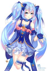 Rule 34 | 1girl, absurdres, artist name, blue bow, blue eyes, blue gloves, blue hair, blush, bow, closed mouth, collarbone, dated, fingerless gloves, gloves, hair bow, hair ornament, hairclip, hatsune miku, highres, bridal garter, long hair, looking at viewer, mellozzo, smile, solo, star (symbol), twintails, vocaloid, white background, yuki miku