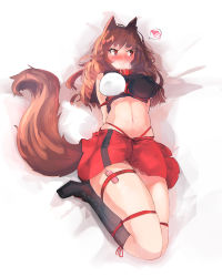 Rule 34 | 1girl, animal ears, bdsm, blush, bondage, boots, bound, breasts, brown hair, collar, ehrrr, heart, high heel boots, high heels, highres, imaizumi kagerou, knee boots, large breasts, long hair, lying, midriff, miniskirt, navel, on back, red eyes, sex toy, shibari, skirt, solo, spoken heart, tail, touhou, vibrator, wolf ears, wolf tail