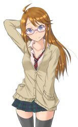 Rule 34 | 1girl, ahoge, aimobake, arm behind head, arm up, bespectacled, black thighhighs, blue eyes, brown cardigan, brown hair, buttons, cardigan, closed mouth, collarbone, collared shirt, cowboy shot, glasses, green skirt, hand in pocket, highres, idolmaster, idolmaster million live!, long hair, long sleeves, looking at viewer, miniskirt, necktie, pink-framed eyewear, plaid, plaid skirt, pleated skirt, red necktie, school uniform, shirt, sidelocks, simple background, skirt, smile, solo, standing, striped necktie, striped neckwear, swept bangs, thighhighs, tokoro megumi, white background, white shirt, zettai ryouiki
