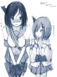 Rule 34 | 2girls, bare shoulders, blue theme, blush, breasts, cosplay, costume switch, embarrassed, eyebrows, greyscale, hair ornament, hair over one eye, hamakaze (kancolle), hamakaze (kancolle) (cosplay), highres, japanese clothes, kantai collection, kerchief, large breasts, monochrome, multiple girls, nontraditional miko, pleated skirt, ryuu (ahya), school uniform, serafuku, short hair, skirt, skirt tug, sweat, sweatdrop, turret, yamashiro (kancolle), yamashiro (kancolle) (cosplay)