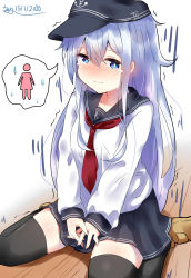 Rule 34 | 1girl, absurdres, black thighhighs, blue eyes, blush, closed mouth, dreamusun, flat cap, grey eyes, hair between eyes, hair ornament, hat, have to pee, hibiki (kancolle), highres, kantai collection, long hair, long sleeves, looking at viewer, neckerchief, on floor, pleated skirt, red neckerchief, school uniform, serafuku, sitting, skirt, solo, thighhighs, white hair, wooden floor