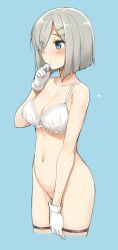 Rule 34 | 10s, 1girl, bare shoulders, blue background, blue eyes, blush, bottomless, bra, breasts, collarbone, covering privates, covering crotch, cowboy shot, cropped legs, eyes visible through hair, gloves, hair ornament, hair over one eye, hairclip, hamakaze (kancolle), hand to own mouth, kantai collection, medium breasts, navel, shiny skin, short hair, silver hair, simple background, solo, takayaki, thigh strap, thighhighs, underwear, white bra, white gloves