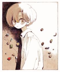 Rule 34 | 1boy, beans, border, breast pocket, brown eyes, brown hair, closed mouth, collared shirt, commentary, crescent, flower, food, from side, fruit, gem, highres, ka (marukogedago), long bangs, looking at viewer, looking to the side, male focus, original, planet, pocket, shirt, short hair, solo, spoon, star (symbol), strawberry, upper body, white border, white shirt