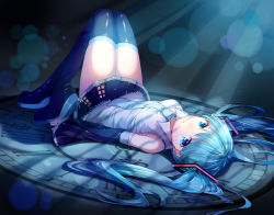 Rule 34 | 1girl, aqua hair, black footwear, black thighhighs, blue eyes, boots, clock, detached sleeves, hatsune miku, highres, illian-san, long hair, looking at viewer, lying, necktie, on back, shadow, skirt, solo, thigh boots, thighhighs, twintails, vocaloid