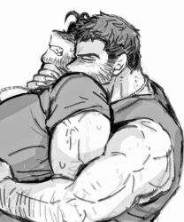 2boys arm_hair bara biting brothers claws clenched_teeth commentary dishing facial_hair greyscale hand_on_another&#039;s_neck hug incest large_pectorals looking_at_viewer male_focus marvel monochrome multiple_boys muscular muscular_male neck_biting pectorals sabertooth_(x-men) shirt short_hair short_sleeves siblings sleeveless sweat symbol-only_commentary teeth veins veiny_arms wolverine_(x-men) x-men x-men_film_series x-men_origins:_wolverine yaoi