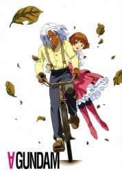 Rule 34 | autumn, autumn leaves, bicycle, boots, brown eyes, brown hair, buttons, couple, dark skin, dress, frilled shirt, frills, green eyes, gundam, holding, klaxon, leaf, long sleeves, looking back, loran cehack, open mouth, pants, patch, pink dress, riding, shirt, shoes, short hair, simple background, sitting, smile, sochie heim, socks, suspenders, thighhighs, title, turn a gundam, white hair, wind