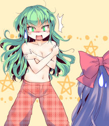 Rule 34 | 2girls, bad id, bad pixiv id, blush, bow, breasts, cleavage, collarbone, covering privates, covering breasts, culter, female focus, green eyes, green hair, hair bow, hakurei reimu, hakurei reimu (pc-98), kazami yuuka, kazami yuuka (pc-98), long hair, multiple girls, no bra, pants, plaid, plaid pants, purple hair, small breasts, sweatdrop, topless, touhou, touhou (pc-98), unmoving pattern