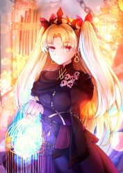 Rule 34 | 1girl, black dress, blonde hair, blurry, blurry background, bow, cage, diadem, dress, earrings, ereshkigal (fate), ereshkigal (third ascension) (fate), fate/grand order, fate (series), gothic lolita, hair bow, highres, holding, holding cage, jewelry, lens flare, lolita fashion, long hair, long sleeves, looking at viewer, mikazukicrescent, red bow, red eyes, solo, standing, twintails, very long hair