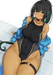Rule 34 | 1girl, black hair, black one-piece swimsuit, blue eyes, blue jacket, blush, breasts, choker, competition swimsuit, cowboy shot, curvy, dark-skinned female, dark skin, green hair, highres, jacket, large breasts, long hair, looking at viewer, multicolored hair, nose blush, one-piece swimsuit, original, sitting, solo, swimsuit, thick thighs, thigh strap, thighhighs, thighs, wide hips, yuzu lemon