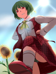 Rule 34 | 1girl, ago maguro, ascot, bdsm, breasts, day, femdom, flower, from below, green hair, green panties, highres, kazami yuuka, knee up, long sleeves, medium breasts, medium hair, panties, red eyes, red footwear, red vest, sadism, shoe soles, shoes, stepped on, sunflower, touhou, underwear, vest, yellow ascot