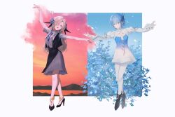 Rule 34 | 2girls, black dress, blue dress, blue eyes, blue flower, blue hair, boots, ciel (kamitsubaki studio), cosplay, costume switch, dress, flower, full body, gradient dress, grey dress, grey hair, hair flower, hair iron, hair ornament, hair over one eye, high heels, highres, isekai joucho, kamitsubaki studio, long hair, long sleeves, looking at another, multicolored hair, multiple girls, open mouth, outside border, outstretched arms, pantyhose, second-party source, shiraishi kanoya, short hair, short sleeves, smile, two-tone dress, two-tone hair, virtual youtuber, white dress, white pantyhose