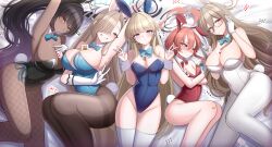 Rule 34 | 5girls, absurdres, akane (blue archive), akane (bunny) (blue archive), animal ears, asuna (blue archive), asuna (bunny) (blue archive), between breasts, black hair, blonde hair, blue archive, blue eyes, breasts, brown eyes, brown hair, card, card between breasts, dark-skinned female, dark skin, double v, fake animal ears, fake tail, fishnet pantyhose, fishnets, halo, highres, karin (blue archive), karin (bunny) (blue archive), large breasts, laxiusart, leotard, long hair, lying, medium breasts, multiple girls, neru (blue archive), neru (bunny) (blue archive), official alternate costume, on back, on side, pantyhose, pink hair, playboy bunny, playing card, rabbit ears, rabbit tail, red eyes, short hair, small breasts, tail, thighband pantyhose, thighhighs, toki (blue archive), toki (bunny) (blue archive), v, very long hair, white pantyhose, white thighhighs, yellow eyes