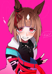 Rule 34 | 1girl, animal ears, black sweater, blunt bangs, brown hair, commentary request, glasses, grin, highres, horse ears, horse girl, index finger raised, long sleeves, looking at viewer, multicolored hair, partial commentary, pink background, pointing, pointing at viewer, red-framed eyewear, red eyes, short hair, simple background, sleeves past wrists, smile, solo, streaked hair, sweater, transcend (umamusume), tsukasa (avdx5538), umamusume, white hair