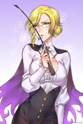 Rule 34 | 1girl, blonde hair, breasts, cape, check commentary, cleavage, cleavage cutout, clothing cutout, commentary request, glynda goodwitch, green eyes, highres, kio rojine, riding crop, rwby, solo