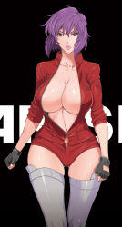 Rule 34 | 1girl, breasts, center opening, cleavage, fei (maidoll), female focus, fingerless gloves, ghost in the shell, gloves, highres, huge breasts, kusanagi motoko, legs, looking at viewer, no bra, purple hair, red eyes, shiny skin, short hair, simple background, solo, unzipped, weapon