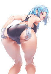 Rule 34 | 1girl, ass, ass grab, bad id, bad pixiv id, bent over, blue hair, from behind, gloves, hair ornament, hairclip, kneepits, looking at viewer, looking back, one-piece swimsuit, purple eyes, simple background, smirk, solo, stretching, swimsuit, thighs, white background
