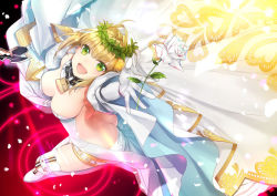 Rule 34 | 10s, 1girl, :d, aestus estus, ahoge, arm up, ass, backless outfit, bare back, blonde hair, breasts, bridal veil, butt crack, cleavage, commentary request, detached collar, dress, elbow gloves, fate/extra, fate/extra ccc, fate (series), flower, from above, gloves, green eyes, hair intakes, holding, holding sword, holding weapon, large breasts, lock, looking at viewer, looking up, nero claudius (bride) (fate), nero claudius (bride) (third ascension) (fate), nero claudius (fate), nero claudius (fate) (all), open mouth, petals, rose, round teeth, sakuyosi, short hair, smile, solo, sword, teeth, thighhighs, veil, weapon, white dress, white flower, white gloves, white rose, white thighhighs, wreath