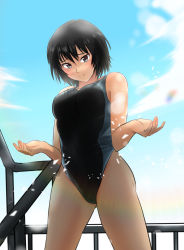 Rule 34 | 1girl, amagami, black eyes, black hair, black one-piece swimsuit, breasts, closed mouth, cloud, cloudy sky, competition swimsuit, highres, light rays, looking at viewer, medium breasts, nanasaki ai, one-piece swimsuit, outdoors, short hair, sky, smile, solo, swimsuit, yoo tenchi