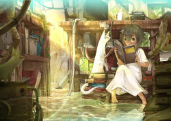 Rule 34 | 1girl, absurdres, book, bookshelf, brown hair, coffee mug, covering own mouth, cup, dress, ely, flood, green eyes, highres, jar, monitor, mug, only human, only human (series), original, short hair, sinlaire, water, white dress