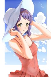 Rule 34 | 1girl, bird, blue sky, blush, breasts, cloud, commentary, covered navel, day, floral print, hands up, hat, highres, holding, holding clothes, holding hat, idolmaster, idolmaster million live!, kaiso (kaisooekaki), looking at viewer, makabe mizuki, one-piece swimsuit, outdoors, purple hair, red one-piece swimsuit, short hair, sidelocks, sky, small breasts, smile, solo, sun hat, swimsuit, swimsuit skirt, upper body, white hat, yellow eyes