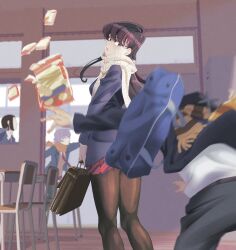 Rule 34 | 1girl, bag, black hair, blazer, blue jacket, blurry, bow, bowtie, briefcase, brown scarf, chair, classroom, depth of field, desk, diagonal-striped bow, diagonal-striped bowtie, diagonal-striped clothes, diagonal-striped skirt, falling, fujimoto kouki, highres, itan private high school uniform, jacket, komi-san wa komyushou desu, komi shouko, long hair, looking back, motion blur, multiple boys, orange scarf, osana najimi (komi-san wa komyushou desu), pantyhose, parted lips, pleated skirt, purple eyes, purple hair, red skirt, scarf, school, school bag, school briefcase, school chair, school desk, school uniform, skirt, striped bow, striped bowtie, striped clothes, striped scarf, striped skirt, tadano hitohito