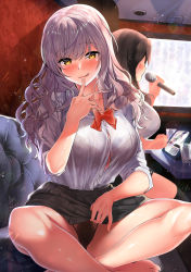 Rule 34 | 2girls, :3, :d, bare legs, barefoot, black hair, black skirt, bow, bowtie, bra, bra peek, breasts, button gap, clothes lift, finger to mouth, highres, holding, holding microphone, index finger raised, indoors, karaoke, kawai (purplrpouni), large breasts, lifting own clothes, microphone, miniskirt, multiple girls, music, open mouth, orange bra, original, pleated skirt, red bow, red neckwear, school uniform, see-through, short sleeves, silver hair, singing, skirt, skirt lift, smile, solo focus, tablet pc, underwear, upskirt, wavy hair, yellow eyes