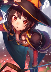 Rule 34 | 10s, 1girl, bandages, belt, black hair, black thighhighs, blush, breasts, cape, cleavage, collar, commentary request, downblouse, dress, fingerless gloves, gloves, hat, kono subarashii sekai ni shukufuku wo!, leaning forward, looking at viewer, megumin, mettsu, red dress, red eyes, short hair, single thighhigh, small breasts, solo, staff, thighhighs, witch hat