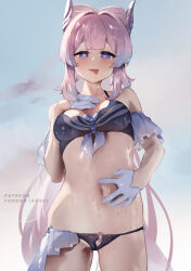 Rule 34 | 1girl, bare shoulders, blue horns, blunt bangs, blush, bow-shaped hair, breasts, colored tips, frills, genshin impact, gloves, hair ornament, half gloves, hand on own chest, heart, heart-shaped pupils, highres, horns, kani fish, long hair, looking at viewer, medium breasts, multicolored hair, navel, pink hair, purple eyes, sangonomiya kokomi, solo, spread navel, standing, swimsuit, symbol-shaped pupils, thigh gap, tongue, tongue out, very long hair, wet, white gloves