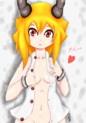 Rule 34 | 1girl, blonde hair, breasts, highres, horns, legs, mikan no mikoto (character), mikan susano o, navel, oni, oni horns, open clothes, red eyes, sample watermark, small brats, small breasts, solo, stomach, watermark
