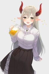 Rule 34 | 1girl, absurdres, aged up, alcohol, arm support, ascot, beer, beer mug, black nails, blush, breasts, brown skirt, collared shirt, cup, curled horns, demon girl, demon horns, emma august, fang, grey hair, hair between eyes, highres, holding, holding cup, horns, invisible chair, iu (iuiu1103), large breasts, layered skirt, long hair, long skirt, long sleeves, looking at viewer, mug, nijisanji, official alternate costume, open mouth, pointy ears, red horns, shirt, simple background, sitting, skirt, smile, solo, sparkle, very long hair, virtual youtuber, white ascot, white background, white shirt, white skirt, wing collar, yellow eyes
