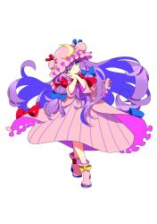 Rule 34 | 1girl, blue eyes, boots, bow, crescent, crescent hat ornament, dress, frills, full body, hair bow, hands on own face, hat, hat ornament, highres, kinako (marubotan), long hair, mob cap, own hands together, patchouli knowledge, purple hair, solo, standing, striped clothes, striped dress, tareme, touhou, white background