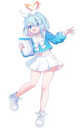 Rule 34 | 1girl, arona (blue archive), blue archive, blue eyes, blue hair, blush, braid, choker, colored inner hair, full body, halo, highres, kaoling, long sleeves, looking at viewer, multicolored hair, open mouth, pink hair, pleated skirt, red halo, shoes, short hair, simple background, single braid, skirt, smile, solo, white background, white choker, white footwear, white skirt