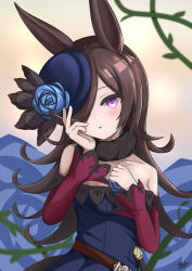 Rule 34 | 1girl, :o, absurdres, animal ears, bare shoulders, blue dress, blue flower, blue hat, blue rose, blush, breasts, brown hair, commentary request, dagger, dress, flower, hair over one eye, hand up, hat, hat flower, highres, horse ears, knife, long hair, long sleeves, looking at viewer, off-shoulder dress, off shoulder, parted lips, purple eyes, rice shower (umamusume), rose, sato art, signature, sleeves past wrists, small breasts, solo, tilted headwear, umamusume, very long hair, weapon