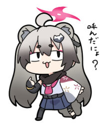 Rule 34 | 1girl, ahoge, animal ear fluff, animal ears, black footwear, black gloves, black pantyhose, blue archive, blue skirt, chibi, commentary request, fingerless gloves, full body, gloves, grey hair, grey shirt, hair between eyes, hair ornament, halo, long hair, long sleeves, lowres, michiru (blue archive), nyaru (nyaru 4126), pantyhose, pleated skirt, pointing, pointing at self, shirt, shoes, short eyebrows, simple background, single leg pantyhose, skirt, solo, tail, thick eyebrows, translation request, twintails, very long hair, white background, wide sleeves