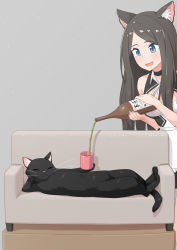 Rule 34 | 1girl, :d, absurdres, aina (mao lian), alcohol, animal ear fluff, animal ears, animal focus, black cat, black choker, blue eyes, blush, bottle, cat, cat ears, cat tail, choker, couch, cup, decantering, fingernails, grey hair, highres, holding, holding bottle, long hair, lying, mao lian (nekokao), nail polish, on back, on couch, open mouth, original, pink nails, sake, smile, solo, tail
