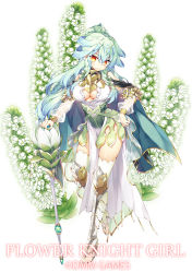 Rule 34 | 1girl, armor, boots, breasts, cape, cleavage, copyright name, corset, dress, expressionless, flower, flower knight girl, full body, greaves, green cape, green hair, half updo, iwarenge (flower knight girl), knee boots, large breasts, long hair, looking at viewer, name connection, object namesake, official art, satsuki misuzu, see-through, see-through sleeves, solo, standing, thighhighs, wand, white dress, white thighhighs, yellow eyes