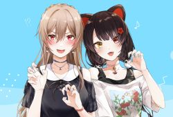 Rule 34 | 2girls, animal ears, black hair, brown hair, choker, claw pose, dog ears, dog girl, dog hair ornament, fangs, furen e lustario, hair between eyes, hair ornament, heterochromia, highres, inui toko, inui toko (2nd costume), jewelry, long hair, low twintails, multiple girls, necklace, nijisanji, official alternate costume, open mouth, red eyes, rinderon0722, shirt, t-shirt, tank top, twintails, virtual youtuber, yellow eyes