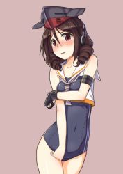 Rule 34 | 1girl, black one-piece swimsuit, brown hair, cosplay, cowboy shot, crop top, drill hair, embarrassed, framed breasts, gloves, grey background, hair between eyes, harukaze (kancolle), hat, headphones, i-14 (kancolle), i-14 (kancolle) (cosplay), kantai collection, looking at viewer, one-piece swimsuit, partially fingerless gloves, red eyes, school swimsuit, short hair, simple background, single glove, solo, standing, swimsuit, swimsuit under clothes, trg (trg mamire), tsurime, twin drills
