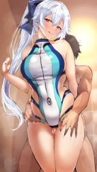 Rule 34 | 1boy, 1girl, absurdres, agetama, bad id, bad pixiv id, blue bow, blue one-piece swimsuit, bow, breasts, competition swimsuit, fate/grand order, fate (series), grinding, hair between eyes, hair bow, hetero, highleg, highleg swimsuit, highres, large breasts, long hair, looking at viewer, one-piece swimsuit, penis, ponytail, red eyes, silver hair, swimsuit, thigh sex, thigh strap, thighs, tomoe gozen (fate), tomoe gozen (swimsuit saber) (fate), two-tone swimsuit, white one-piece swimsuit