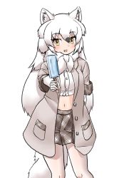 Rule 34 | 1girl, animal ears, arctic wolf (kemono friends), black hair, blush, coat, cowboy shot, crop top, elbow gloves, extra ears, fang, food, fur collar, gloves, grey coat, grey skirt, hair between eyes, highres, kemono friends, long hair, looking at viewer, midriff, multicolored hair, navel, open mouth, pantyhose, plaid, plaid skirt, plaid trim, pleated skirt, popsicle, reaching, reaching towards viewer, shirt, short sleeves, skirt, solo, tail, two-tone hair, uf34a, white fur, white gloves, white hair, white pantyhose, white shirt, wolf ears, wolf girl, wolf tail, yellow eyes