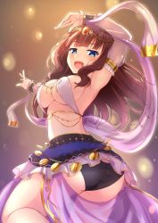 Rule 34 | 1girl, armlet, ass, assault lily, black panties, blue eyes, brown hair, commentary request, dancer, dancing, detached sleeves, gungun (hakutou7887), hair ornament, harem outfit, highres, kaede johan nouvel, looking at viewer, microskirt, open mouth, panties, revealing clothes, sash, skirt, smile, solo, underwear