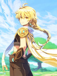 Rule 34 | 1boy, aether (genshin impact), ahoge, black shirt, blonde hair, blue sky, braid, braided ponytail, brown gloves, brown pants, cape, closed mouth, cloud, commentary request, cowboy shot, crop top, day, earrings, genshin impact, gloves, gold trim, grass, hair between eyes, hands on own hips, highres, jewelry, long hair, looking at viewer, looking to the side, male focus, medium bangs, natsuya (kuttuki), outdoors, pants, scarf, shirt, short sleeves, single earring, sky, smile, solo, standing, tree, white cape, white scarf, yellow eyes