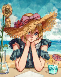 Rule 34 | 1girl, absurdres, bare arms, beach, bennopi, blue dress, blue eyes, blue nails, blue sky, bow, buttons, cocktail umbrella, commentary, day, dress, elbows on table, english commentary, flower, food, fruit, glass, hand on own chin, hat, hat bow, highres, looking at viewer, menu, nail polish, orange (fruit), orange slice, original, outdoors, pink bow, procreate (medium), shade, sky, solo, straw hat, sun hat, sunflower, upper body, vase