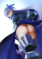 Rule 34 | 10s, 1girl, armor, armored boots, ass, boots, butt crack, clenched teeth, fate/extra, fate/extra ccc, fate/grand order, fate (series), hair ribbon, highres, long hair, looking back, meltryllis (fate), muishiki (umauma016), purple eyes, purple hair, revealing clothes, ribbon, solo, tears, teeth, thighs, very long hair, wide sleeves