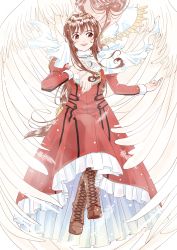 Rule 34 | 1girl, absurdres, angel, angel wings, boots, brown eyes, brown footwear, brown hair, capelet, commentary, commission, cross-laced footwear, crossed legs, dress, english commentary, erica fontaine, highres, hug, hug from behind, kou (kounotori69), lace-up boots, looking to the side, open hand, red dress, sakura taisen, sakura taisen iii, second-party source, skeb commission, smile, solo focus, white capelet, wings